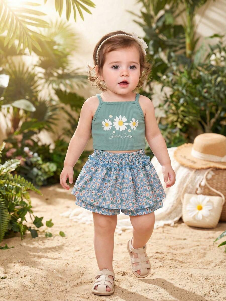 1 Set Baby Girls' Fresh & Cute Daisy Print Camisole Outfit, Lightweight Ribbed Texture Double Ruffle Hem Pants Skirt 2-Piece Set, Soft & Sweet Casual Outfit For Summer - Mint Green - View 1