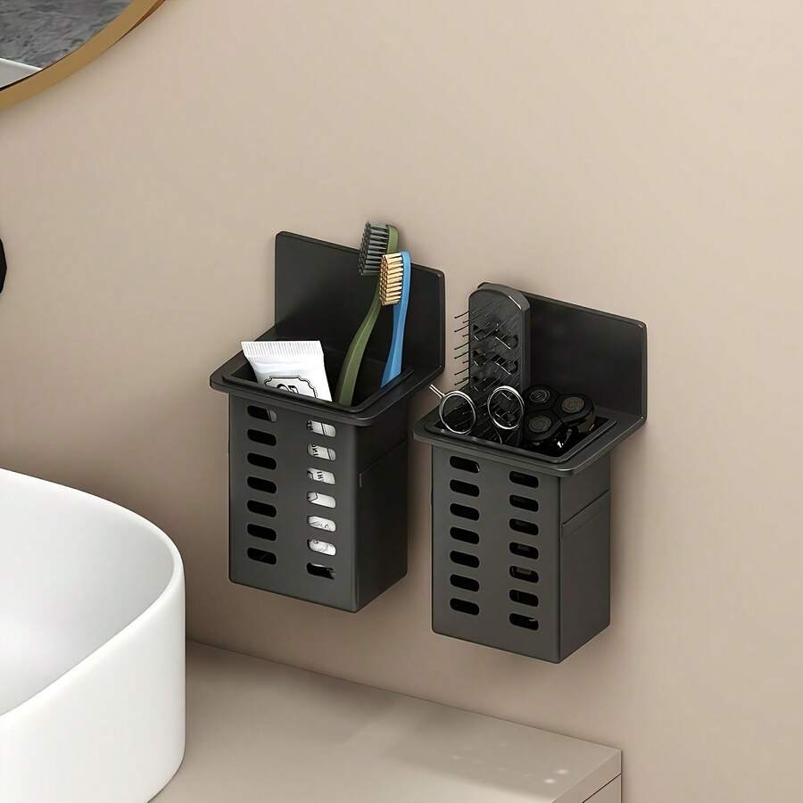 Black Toothpaste And Brush Holder Wall-Mounted Storage Box, Suitable For Bathroom Essentials, Phone & AC Remote Control Organizer With Damage Free Installation, Toothbrush Holders For Bathroom, Bathroom Decorations, Brush Holder Bathroom, Bathroom Organization, Home Essentials Organizer, Spacesaving Solution, Compact Organizer, Durable Plastic, Lightweight Holder, Toothpaste Holder, Home Decor Lovers, Small Space Living