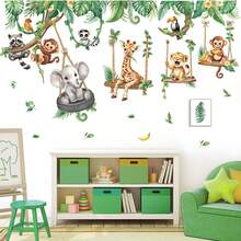 Jungle Animal Swings Wall Stickers Lion Elephant Giraffe Tropical Leaves Wall Decals Bathroom Playroom Bedroom Party Home Decor - Multicolor - View 9