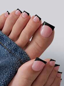 60片装短/长美甲贴纸套装，黑色和粉色法式软胶美甲贴纸组合，适合所有女性和女孩，法式美甲设计，日常佩戴美甲贴纸 - 黑色 - 查看 5