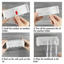 5 Slots Wall Mount Toothbrush Holder With Cover Self Adhesive Toothbrush Storage Organizer For Shower Toothbrush Hanger With Automatic Toothpaste Squeezer Dispenser - White 1 Pack - 查看 4
