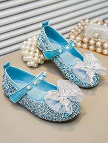 1 Pair Girls' Glitter Flat Shoes, Made Of Shiny PU Material, Inlaid With Rhinestones And Pearl Bow, Closed Toe Design, Suitable For Party, Dancing And Daily Occasions - Blue - View 5