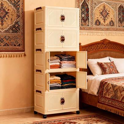1 pieza Armario de almacenamiento plegable de 38 cm a 58 cm de ancho, con 1-5 capas seleccionables, puerta doble reforzada con ruedas, para uso doméstico sin montaje, estantería organizadora para ropa y juguetes, armario de almacenamiento plegable de plástico