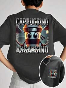 Camiseta de manga corta informal con estampado de letras y dibujos animados para niños preadolescentes, verano - Gris Oscuro - Ver 10