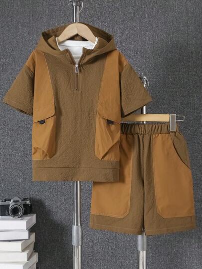 Tween Boys Casual Lightweight Hooded Sweatshirt And Shorts Set, Textured, Zipper, Pockets, Suitable For Everyday Wear, Autumn/Winter