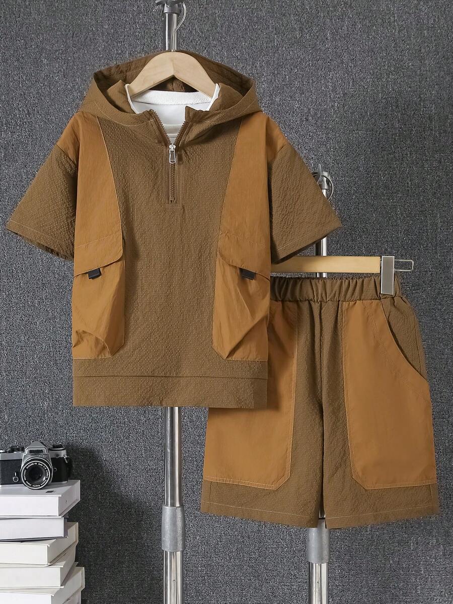 Bộ quần áo thể thao nhẹ nhàng, có mũ và quần short cho bé trai tuổi teen, chất liệu có họa tiết, khóa kéo, túi, thích hợp mặc hàng ngày, mùa thu/đông. - màu nâu - Xem 1