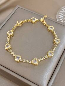 1Pc Retro Luxury Heart Ruby Red Bracelet, Multi-Color Zirconia,Copper Gold Jewelry Dainty Chain,For Women,Daily/Boho/Party/Christmas,Valentine Birthday - Multicolor - View 9