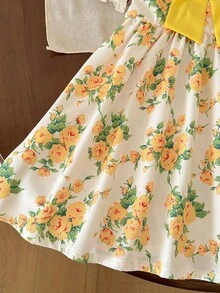 2-7岁女童法式碎花连衣裙，露背设计，配黄色大蝴蝶结，泡泡袖公主裙，荷叶边下摆，儿童节日连衣裙 - 彩色 - 查看 7