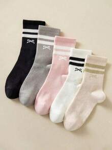 5 Pairs Solid Color, Striped, Bow Pattern Fashion Personalized Women's Socks, Soft Comfortable Casual Ankle Socks Suitable For Daily Use - Multicolor Bow - View 1