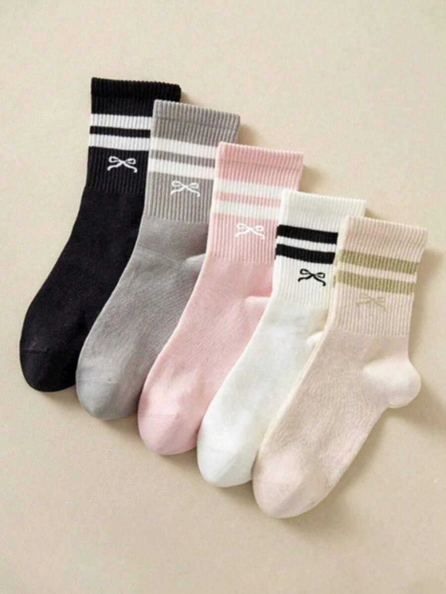 5 Pairs Solid Color, Striped, Bow Pattern Fashion Personalized Women's Socks, Soft Comfortable Casual Ankle Socks Suitable For Daily Use - Multicolor Bow - View 1