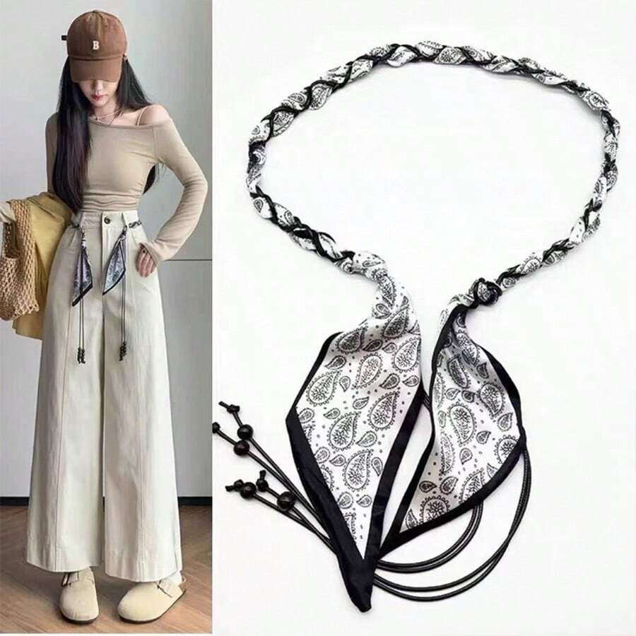 1件编织围巾腰带，波西米亚风腰绳装饰，可搭配牛仔裤、裙子 - 黑色 - 查看 1