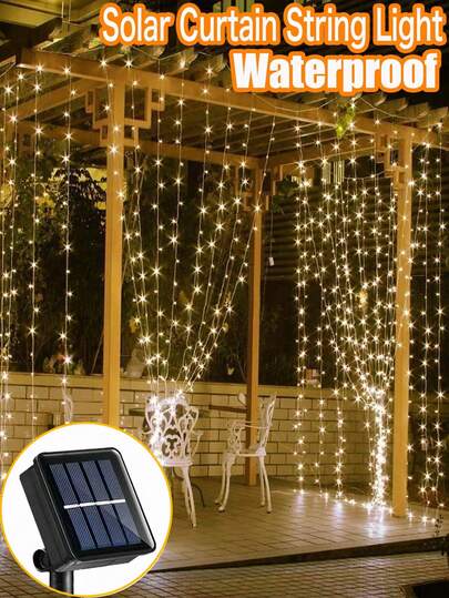 9.84英尺太阳能窗帘灯，8种照明模式，300/200/100颗LED灯珠，室内/室外防水铜线灯，适用于圣诞派对、婚礼、家居、卧室、花园、栏杆、栅栏、屋檐、墙面装饰（暖白光、多色光、白光）
