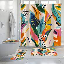 1/3/4件套彩色抽象植物叶子图案浴室套装，包含马桶盖、浴垫和地毯，以及充满活力的热带叶子印花浴帘，适用于浴室装饰、一般房间装饰、家居装饰套装、浴室配件浴帘、马桶垫和浴帘套装。 - 彩色 - 查看 2