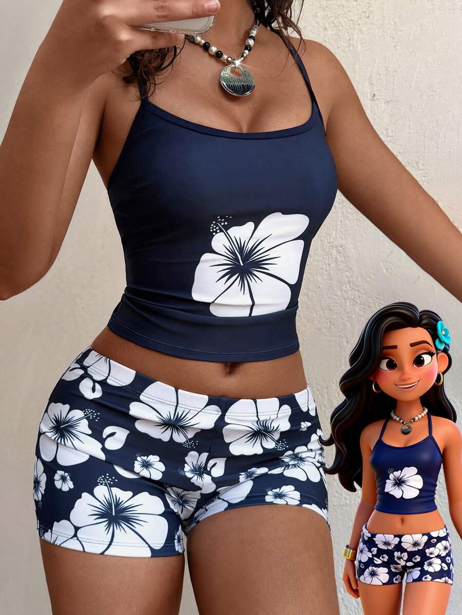 Áo bơi nữ kiểu camisole, họa tiết hoa dâm bụt phong cách bohemian dễ thương, có áo ngực tích hợp, kết hợp với quần short kiểu boyshort, thích hợp cho kỳ nghỉ, bãi biển, hồ bơi và thể thao, mùa thu/đông, ngày lễ tình nhân, mùa xuân/hè 2026. Hàng mới về