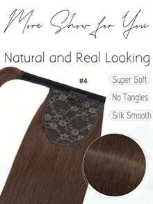 Extensões de rabo de cavalo de cabelo castanho escuro liso de 40 cm (16 polegadas), cabelo virgem brasileiro, aplique com presilha e cordão mágico, adequado para todas as mulheres, cor castanho escuro natural. - Multicolorido - Ver 3