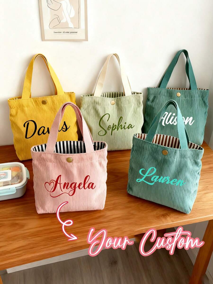 Customizable Tote Bag, Women's Large Capacity Corduroy Tote Bag, Portable Lunch Bag, Student Bento Box, Customizable With Name And Text, Personalized Picnic Bag, Suitable For School, Commuting And Travel Picnics, Storage Bag, Ideal Gift For Her, Girlfriend, Boyfriend, Friend, Valentine's Day, Bridesmaid, Wedding, Birthday, Mother's Day, New Year, Ramadan - Multicolor - View 1