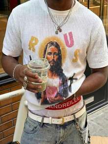 Áo thun dệt kim tay ngắn cổ tròn, màu trơn, dáng rộng, in hình người và chữ, kiểu dáng thường ngày, mới của ANDREILEE dành cho mùa Xuân/Hè. - trắng - Xem 1