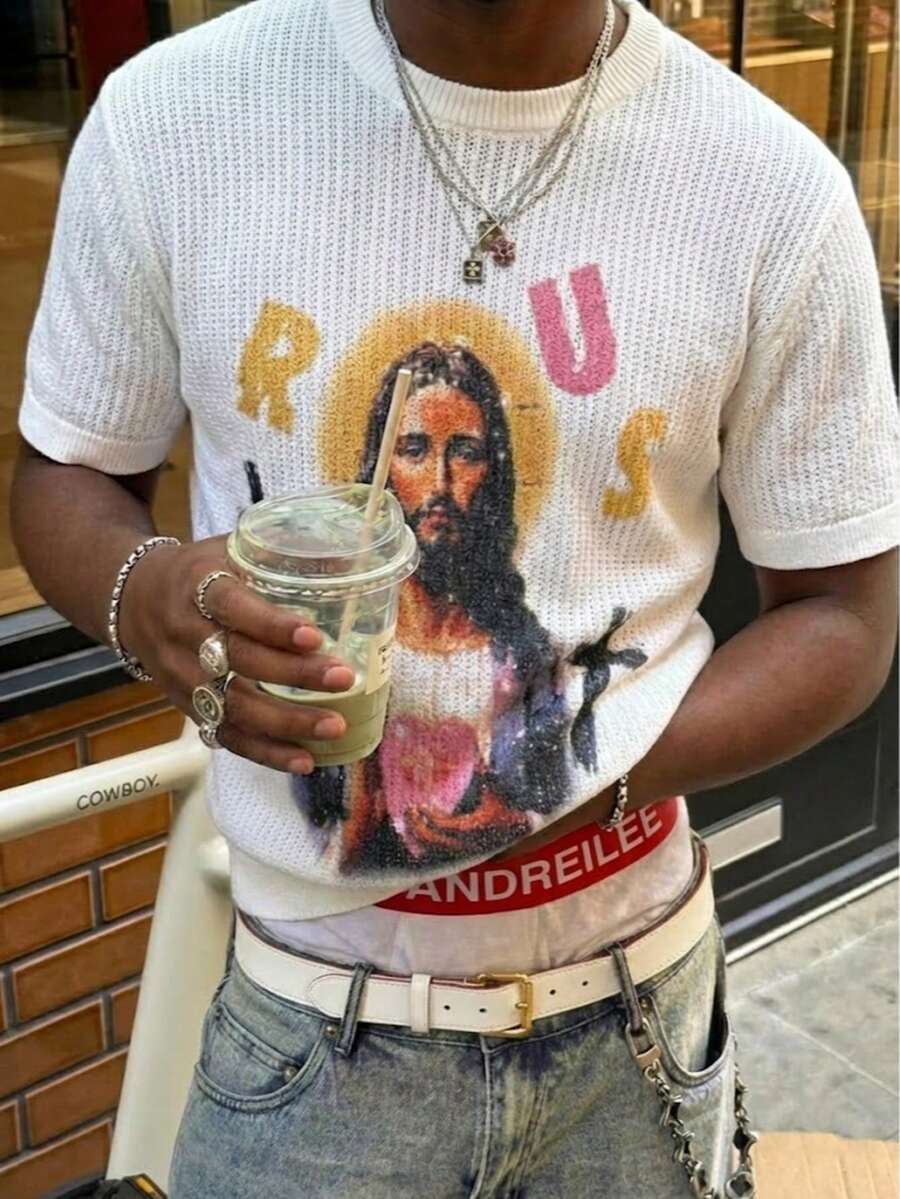 Áo thun dệt kim tay ngắn cổ tròn, màu trơn, dáng rộng, in hình người và chữ, kiểu dáng thường ngày, mới của ANDREILEE dành cho mùa Xuân/Hè. - trắng - Xem 1