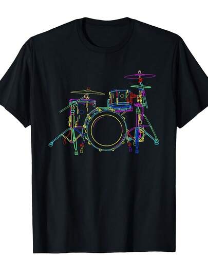 Camiseta con reproductor de percusión y batería de neón, camisetas con gráficos divertidos Sht Sve informales para hombre, ropa informal cómoda para uso diario, ropa para todos los días | Camiseta con estampado juguetón | Cómoda FitCamia deptiva infmal de uso diario, ligera y transpirable, i para conjuntos de verano, estilo urbano juvenil, i para viajes y entrenamientos.