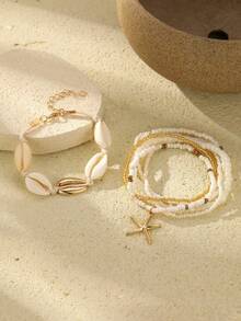 7pcs/Set Girls' Versatile Bohemian Style Glass Beads, Alloy Starfish & Shell Decor Bracelets (Bead Colors Randomly Assorted) - White - View 2