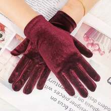1 Pair Women's Gloves, High Density Stretchy Five-Finger Adult Female Gloves, Velvet For Etiquette, Dance, Wedding, Riding, Driving In Winter - Burgundy - View 7
