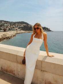 French Elegant Casual Square Neck Backless Top & Straight Skirt Two Pieces Women's Summer Set, White - White - View 5