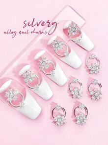 10pcs Gold & Silver Hollow Ring Shaped Rhinestone Nail Art Decorations, 3D Metal Crystal Glass Nail Jewelry DIY Accessories Suitable For Girls And Women Nails Nail Supplies - Multicolor - View 3