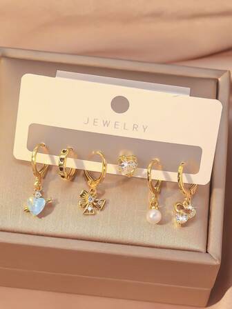 6 peças/Conjunto Brincos Combinados Kawaii Fofos de Coração, Laço, Pérola - Coração de Cubic Zircônia Azul Claro + Brinco de Coração Cintilante + Laço + Argola Preta + Pingente de Pérola + Pingente de Coração Zircônia, Conjunto de Brincos de Design Minimalista para Uso Diário, Encontros, Deslocamentos