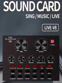 USB Powered 500mAh Rechargeable ABS Black Sound Card Audio Interface With Voice Changer Function, Suitable For PC Recording, Singing, Live Streaming And Gaming, Includes Microphone And Headphone Jacks