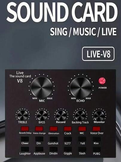 USB Powered 500mAh Rechargeable ABS Black Sound Card Audio Interface With Voice Changer Function, Suitable For PC Recording, Singing, Live Streaming And Gaming, Includes Microphone And Headphone Jacks