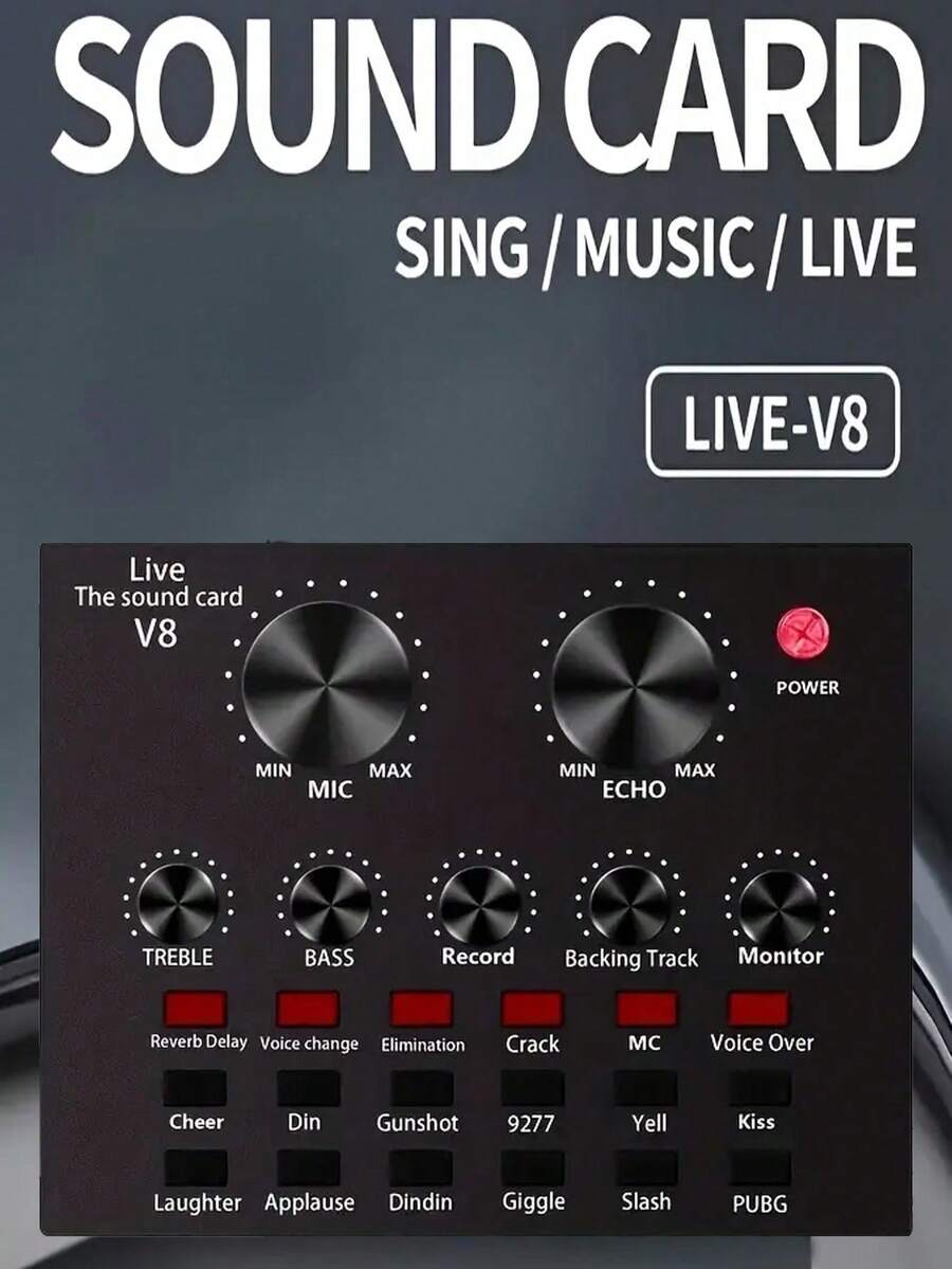 USB Powered 500mAh Rechargeable ABS Black Sound Card Audio Interface With Voice Changer Function, Suitable For PC Recording, Singing, Live Streaming And Gaming, Includes Microphone And Headphone Jacks