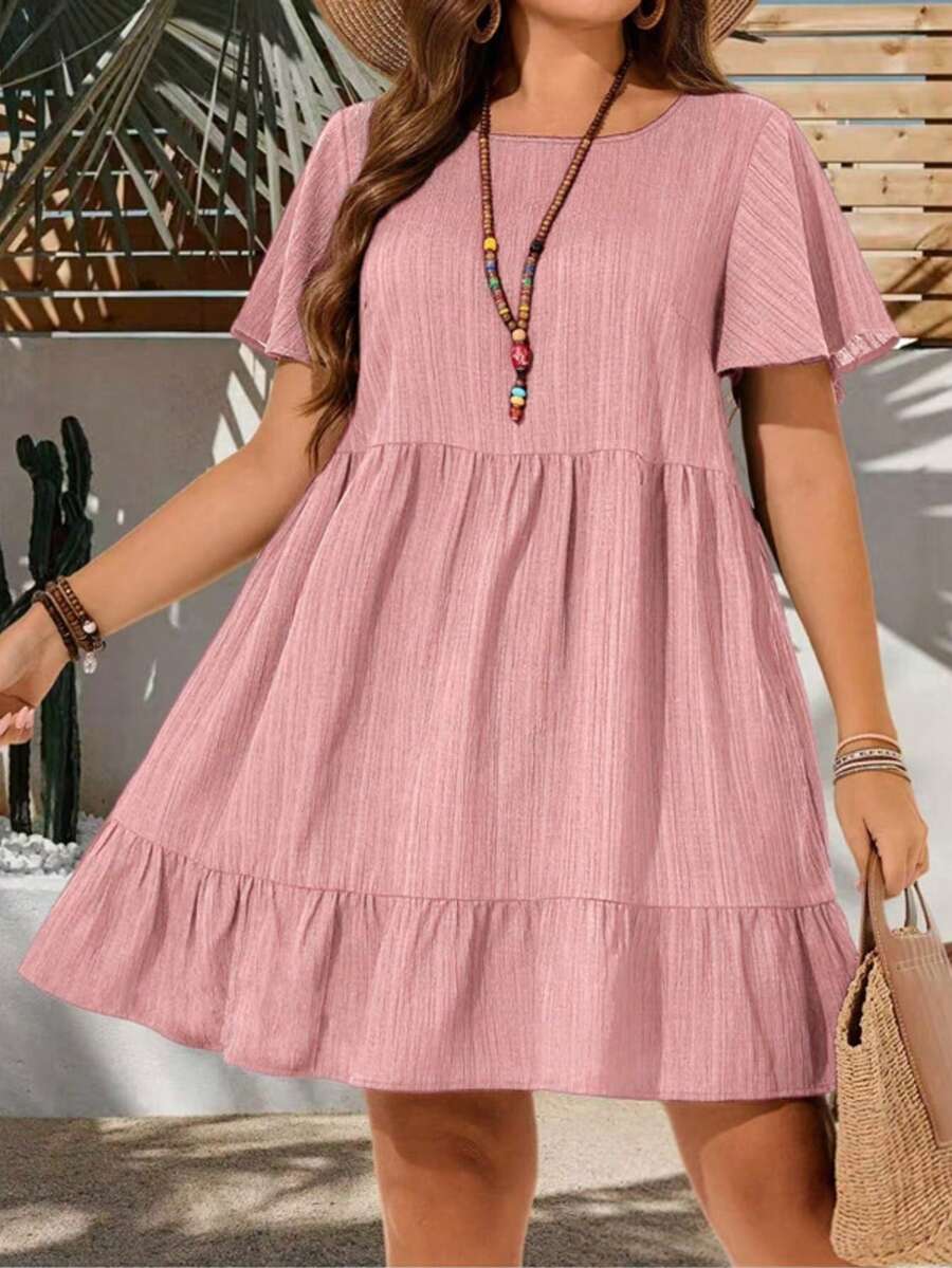 Plus Size Middle Eastern Style Round Neck Solid Color Fashionable European And American Retro Casual Short Sleeve Dress - Pink - View 1