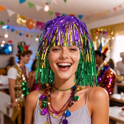 1PC Mardi Gras Outfit For Women, Mardi Gras Decorations Accessories Tassel Wigs Hat Sparkly Fringe Party Favors For Women Birthday Cheeleading Dance Performances Party Decorations (Multicolor)