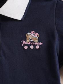 女童 Polo 领小熊刺绣短袖连衣裙，夏季 - 藏蓝色 - 查看 4