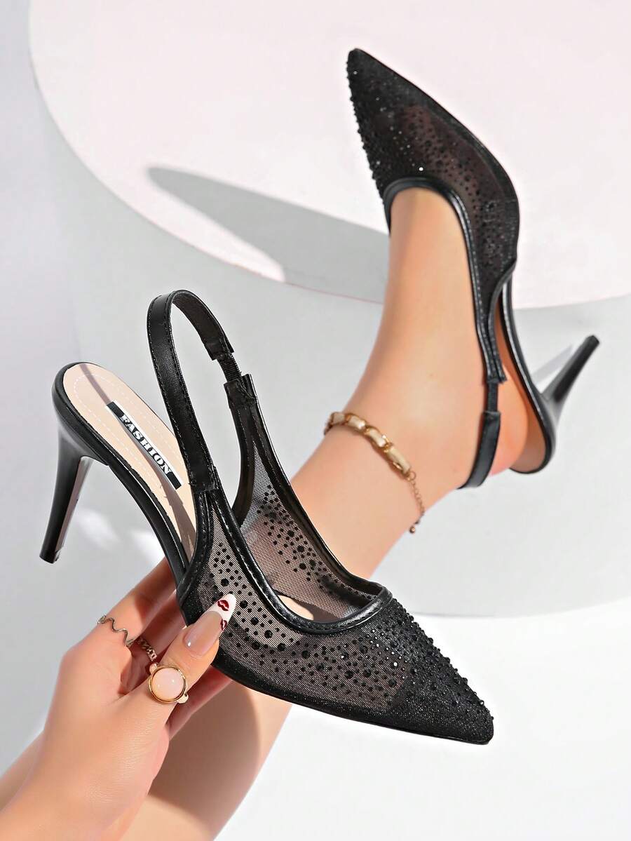 Sandal Hak Tinggi Bertali Pergelangan Kaki Elegan Berhiaskan Berlian Imitasi Model Terbaru untuk Wanita, Hadiah Hari Ibu - Hitam - View 1