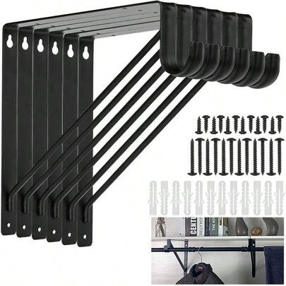 6 PIEZAS Soporte de barra de armario de gran resistencia, Soportes de estante de armario de 11 x 11 pulgadas, Soporta 300 libras, Soportes de barra de armario montados en la pared con ganchos y tornillos, Soportes de barra de armario para decoración del hogar y el armario, Negro