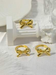 1PC Stylish And Personalized Sweet Bow Series Stainless Steel Gold Open Ring, Suitable For Girls' Everyday Wear, Parties, And Holiday Gifts - Gold - View 10
