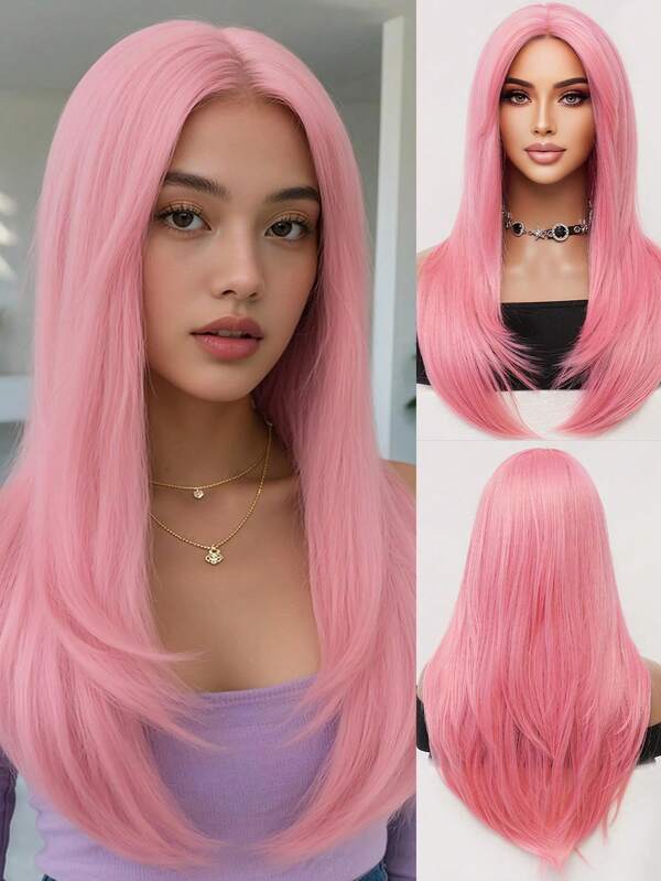 Pink Center-Parted Long Straight Wig 26 Inches Women's Natural-Looking Straight Wig Fluffy, Breathable, Heat-Resistant Synthetic Fiber Wig Ideal For Beginners To Create Fashionable Everyday Looks Perfect For Dates, Photoshoots, Cosplay, Elegant Parties, Music Festivals, Gatherings Wig