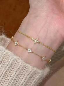 ZNICE New Faith Cross & Lucky Four-Leaf Flower Bracelet For Women, Minimalist Niche Design With Rhinestones, Stainless Steel Jewelry, Layerable, Suitable For Daily Blessing & Baptism Wear, - Gold - View 10