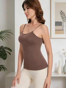 女士高弹无缝塑身吊带背心，无胸垫收腹显瘦叠穿 - 棕色 - 查看 7