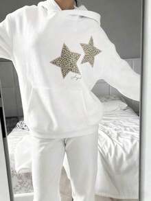 Trenfashion Women's Oversized Slogan Star Leopard Print, Y2K Aesthetic Heather Graphic Hoodies Drop Shoulder Pullover Casual Sweatshirt Fit&Long - 白色 - 查看 8
