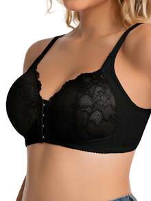 1pc Women's Front Closure Sexy Lace Wireless Adjustable Strap Leisure Backless Bra - Black - View 4