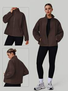 女士时尚冬季立领抓绒户外休闲跑步运动上衣保暖拉链外套 - 咖啡棕 - 查看 4
