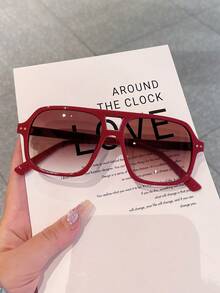 1 par de gafas de mujer con montura cuadrada de PC roja, puente doble, unicolor, minimalista, de estilo callejero de moda - Rojo - Ver 2
