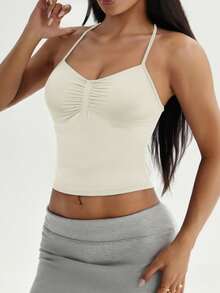 Aoqta 女士休闲纯色露胸圆领吊带背心，带衬垫，适合瑜伽、运动和健身 - 杏色 - 查看 7