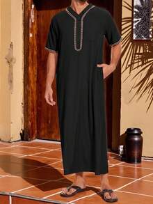 Men's Short Sleeve Robe, Spring And Summer Floral Printed Long Robe, Arab Clothing - Black - View 1