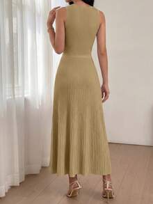 Women Summer Sleeveless Midi Dress Crewneck Ribbed Knit Pleated Swing A-Line Flowy Dress Solid Color Casual Spring Holiday Vacation Valentine Long Midi Dress Outfits - 駝色 - 查看 2