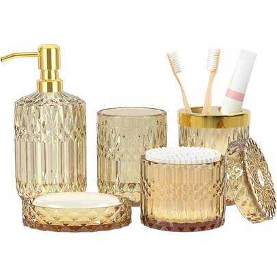 5-Piece Gold Diamond-Cut Glass Bathroom Accessories Set, Includes Soap Dispenser, Soap Dish, Toothbrush Holder, Tumbler & Cotton Swab Jars, Modern Crystal Decor For Bathroom - Housewarming Gift