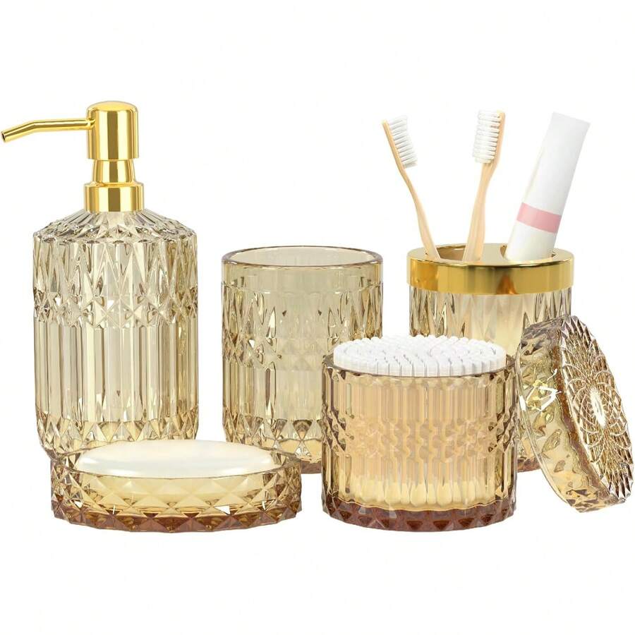 5-Piece Gold Diamond-Cut Glass Bathroom Accessories Set, Includes Soap Dispenser, Soap Dish, Toothbrush Holder, Tumbler & Cotton Swab Jars, Modern Crystal Decor For Bathroom - Housewarming Gift - 金色 - 查看 1