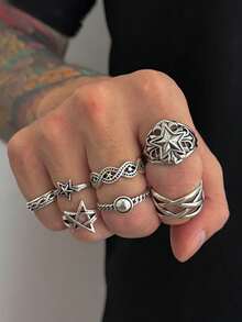 7pcs Fashionable Punk Style Star & Geometric Pattern Ring Set, Casual Daily Wear For Men - Antique Silver - View 7